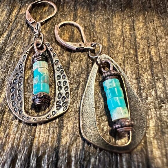 Boho Hippie‎ Western Delicate Copper & Turquoise Drop Wire Earrings, Gift Box - Picture 1 of 6